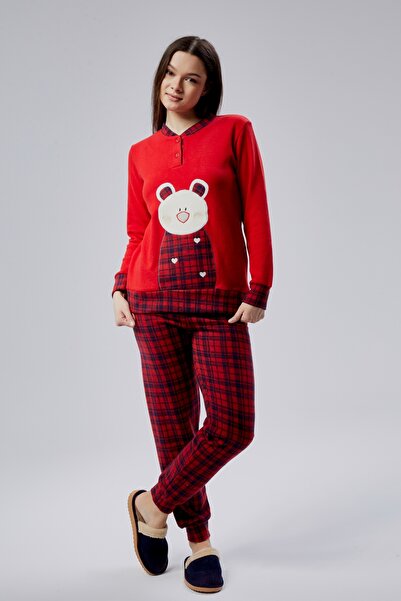 M MOONCOVER Mooncover Kadın Yılbaşı Özel Kışlık Desenli Pijama Takımı – Kırmızı