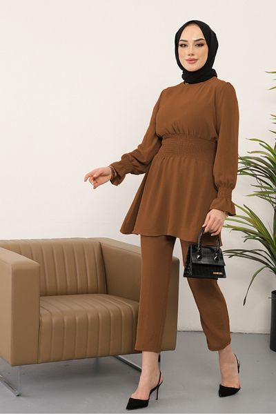 Bestenur Gipeli Tunic Παντελόνι Hijab Διπλό Σετ 218 - Καφέ