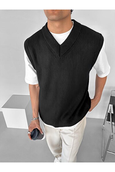 ablukaonline Черен мъжки трикотажен пуловер с V-образно деколте