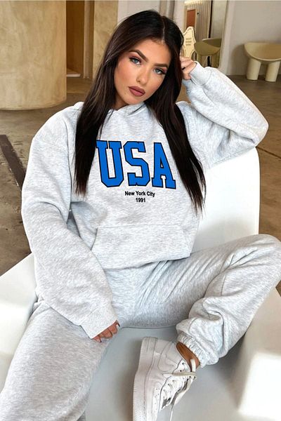 DUBU BUTİK Σετ φόρμας Usa Sweatshirt Jogger - Γκρι εμπριμέ Oversize Raised Hooded