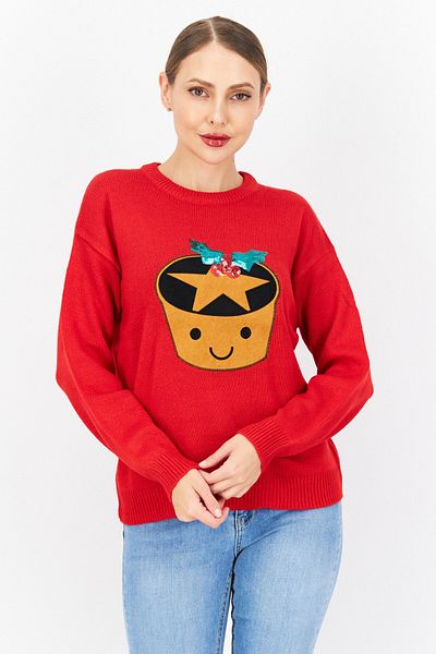 Brave Soul Women Round Neck Embroidered Sweater, Red