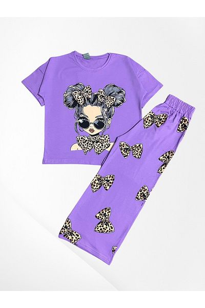Pijamakids Girl's 100% Cotton Purple Beautiful Girl and Leopard Bow Pattern Short Sleeve Loose Wide Leg Seasonal Tracksuit