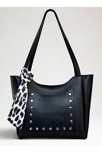 fular & bags Geantă de mână și de umăr pentru cumpărături, neagră, cu buzunare frontală pentru femei, cu imprimeu leopard, cu fermoar și închidere cu snap.