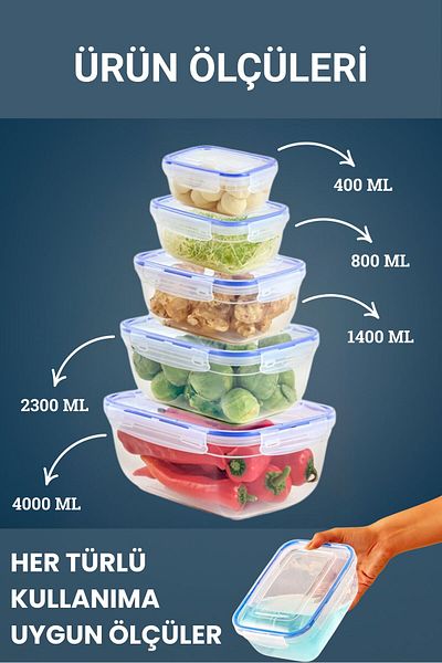 BAGER MARKET Leakproof Storage Container Set 5 Li - Erzak, Konta, Dowry with Lid, 400-800-1400-2300-4000 ml