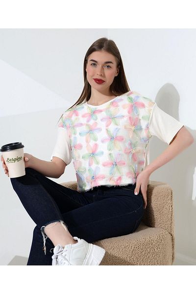 ribana Bluză cu broderie cu detalii din tul floral