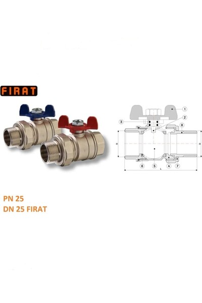 FIRAT Fırat 1" Kollektör Vanası Dış Dişli Rakorlu Kelebek Kırmızı-Mavi Takım