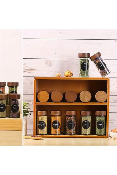 emdeco Set of 12 Round Minimal Acacia Lid Glass Spice Racks 120ml Turkish Label Gift