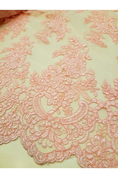 Safir Kumaş Abiyelik Pul Işlemeli Fransız Dantel Iki Ucu Dilimli (1 METRE)