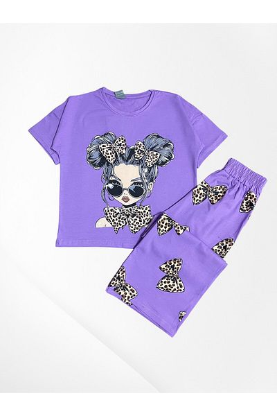 Pijamakids Girl's 100% Cotton Purple Beautiful Girl and Leopard Bow Pattern Short Sleeve Loose Wide Leg Seasonal Tracksuit