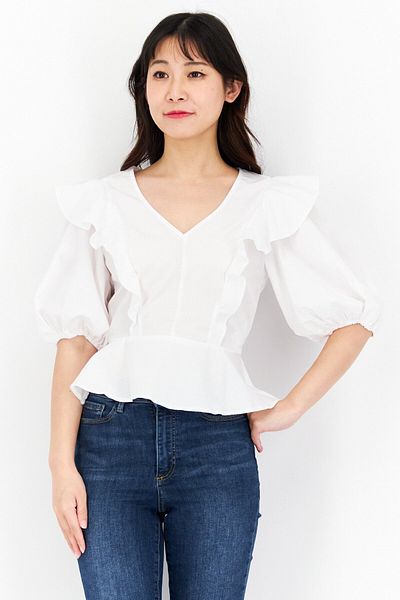 Miss Selfridge Women Petite V Neck 3/4 Sleeve Ruffle Poplin Top, White