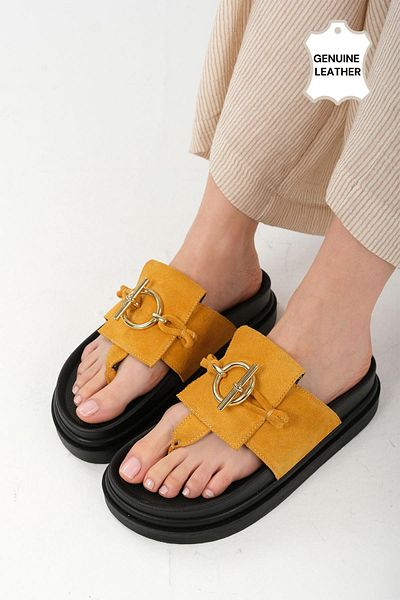 Mio Gusto Alison Genuine Suede Mustard Color Flip Flops Women's Slippers