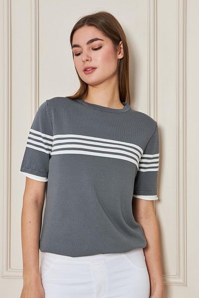Irmak Kerekli Women's Smoked-Ecru Crew Neck Short Sleeve Striped Knitwear Blouse 25111
