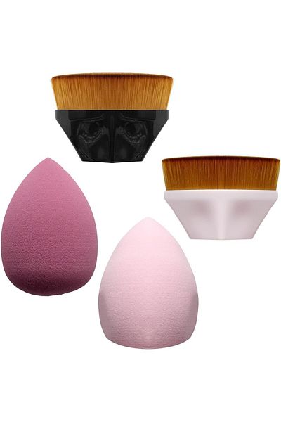 fulina 2 Pcs Foundation Brushes & 2 Pcs Set of Makeup Sponges,Soft Touch & Easy Blending,With Storage Bag