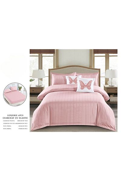 OEM Double bed linen set, 6 pieces, plain damask, pink, DFC-005, 1 cm stripes, 230x250 cm