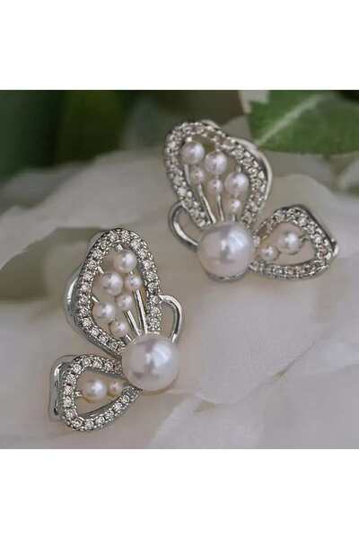 HOBİSY GIFT SHOP Zarif Kelebek Figürlü İnci Küpe | Şık ve Modern Antialerjik Çelik Gümüş Kaplama