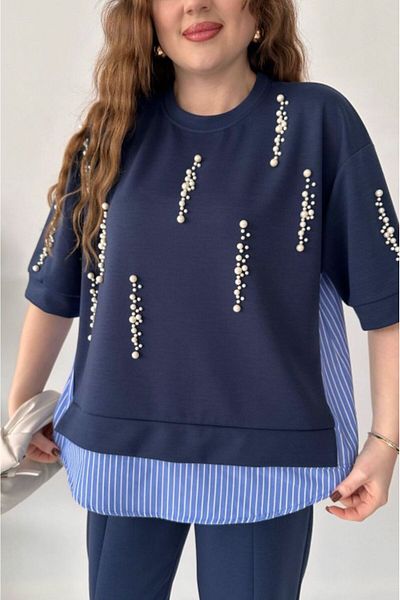 studiofashion Women's Navy Blue Premium Pearl Embroidered Modal Lycra Stretch Suit