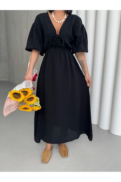 BEJNA Schwarzes Damen-Sommerkleid aus Musselin mit V-Ausschnitt und Schnürung