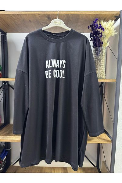 ÖZNE BUTİK Plus Size Women's 100% Organic Cotton Oversize Round Neck Printed Tunic