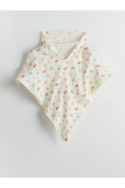 LC Waikiki Ecru Hooded Printed Girl's Ponchos5Do97Z1