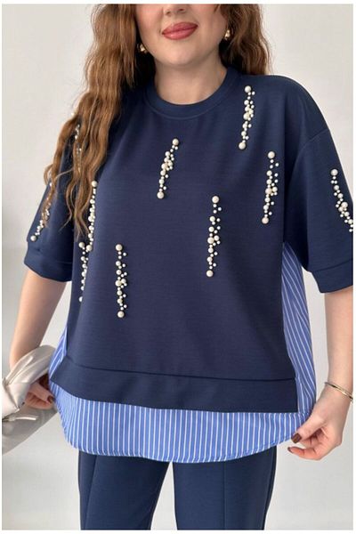studiofashion Women's Navy Blue Premium Pearl Embroidered Modal Lycra Stretch Suit