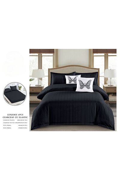 OEM Double bed linen set, 6 pieces, plain damask finery, black, DFC-002, 1 cm stripes, 230x250 cm