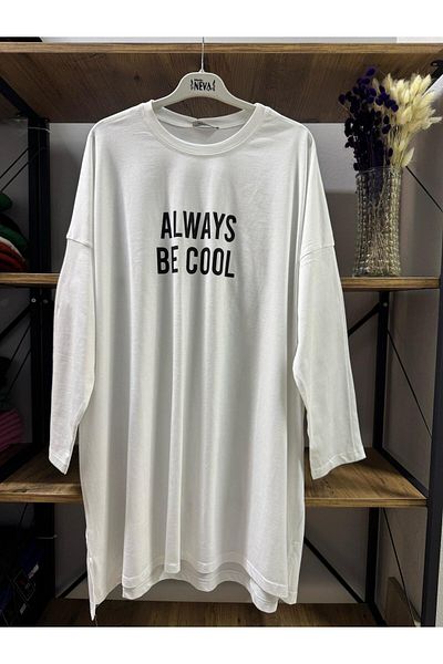 ÖZNE BUTİK Women's 100% Organic Cotton Oversize Round Neck Printed Tunic