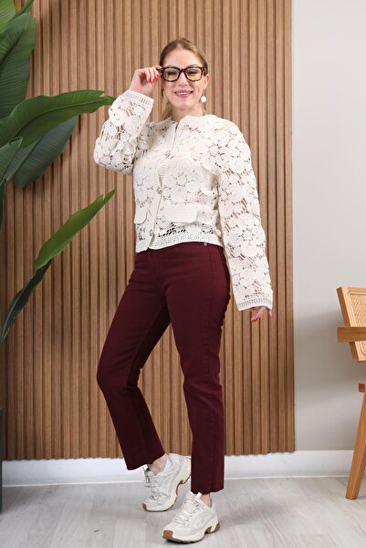 MİSLİNA BUTİK Orj Marka Kesik Paça Detay Bordo Jean