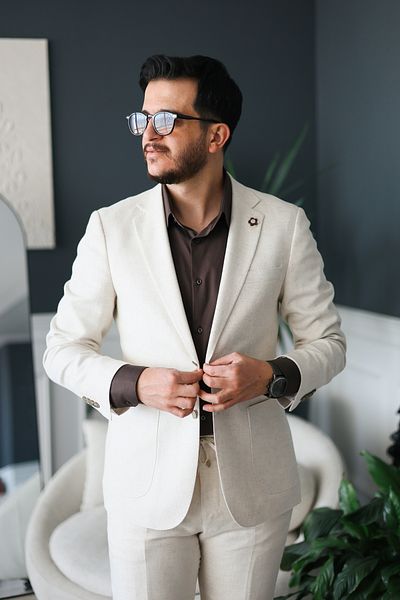 Avni Ceylan Seersucker Drawstring Fabric Italian Style Suit Cream
