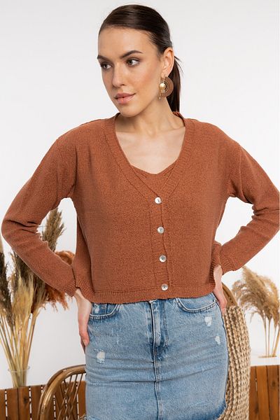 AQE FASHION 4 Button V-Neck Seasonal Cinnamon Cardigan
