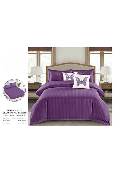 OEM Double bed linen set, 6 pieces, fine damask plain, purple, DFC-011, 1 cm stripes, 230x250 cm
