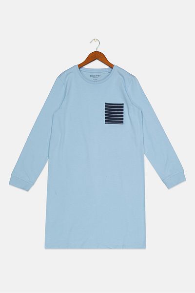 Tchibo Kids Girl Chest Pocket Long Sleeve Sleepwear Dress, Light Blue