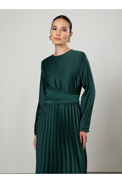 Refka Pleated Belted Satin Hijab Evening Dress - Emerald Green - Refka