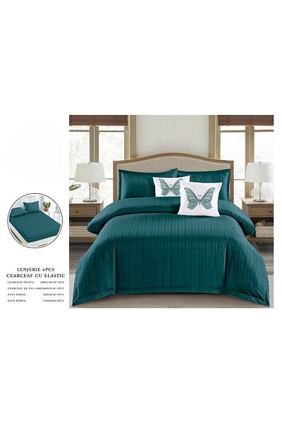 OEM Double bed linen set, 6 pieces, plain damask finery, emerald green, DFC-008, 1 cm stripes, 230x250 cm