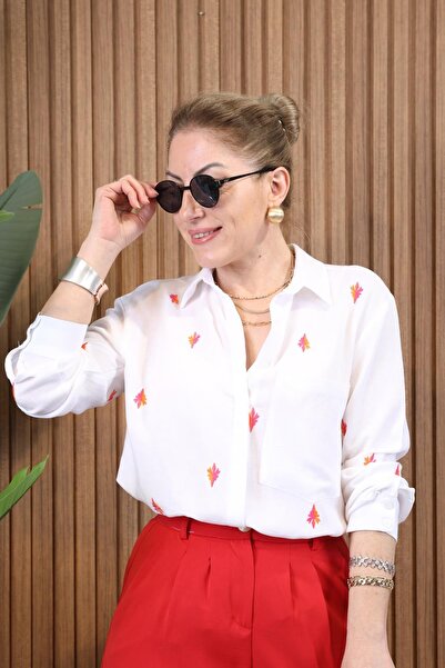 MİSLİNA BUTİK Nakış Detay Ekru Keten Gömlek