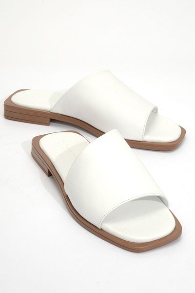 Dericlub Papuci de damă din piele naturală albă - ZY 8011 cu bandă