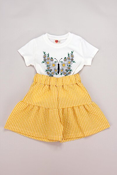Perendi Yellow Butterfly Embroidered Shorts Set - Girl