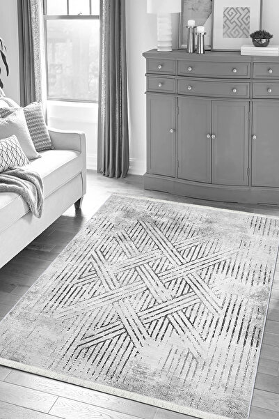 CENTER AVM Gri Halı Salon Halısı Makinede Yıkanabilir Halı Kaymaz Taban Halı