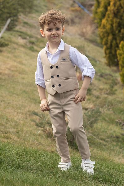 Cansın Mini Beige Buttoned Vest and Bow Tie Shirt and Boy's 4-Piece Suit 20545