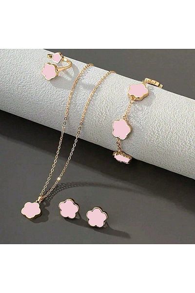 Choice H685-pk Lucky Five-petal Flower Five-leaf Clover Bracelet Earrings Necklace Three-piece Set For Woma
