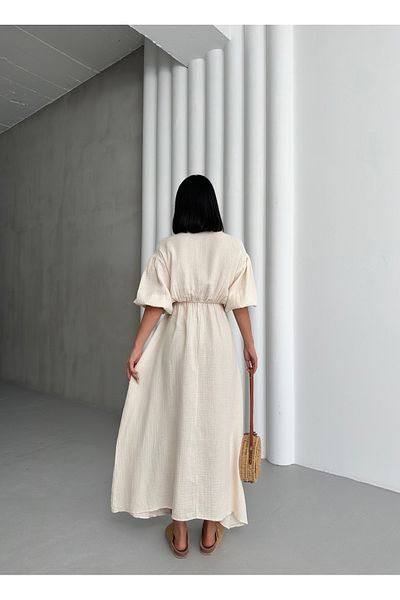 BEJNA Beigefarbenes Damen-Sommerkleid aus Musselin mit Schnürung