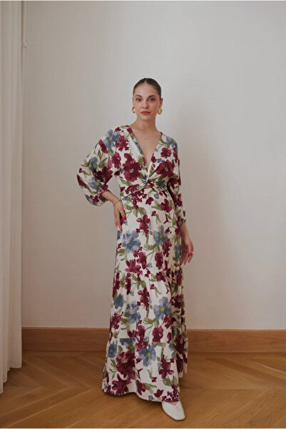 BRTC design Kadın Çok Renkli Önü Düğüm Dekolte Detaylı Beli Lastikli Çiçekli Elbise