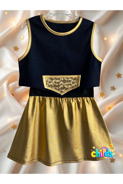 childs Double Suit Summer Girl's Crop Cotton Top Gold Lame Printed Mini Skirt