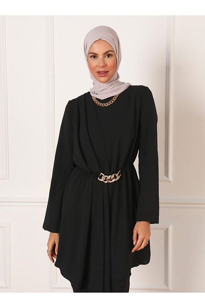 Refka Black Aerobin Fabric Chain Detailed Tunic and Trousers Set