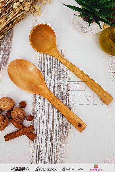 MONTESEV Wooden Wooden Kitchen Spoon Set 2 Pieces Beech Boxwood and Bamboo Wood Wooden Spoons