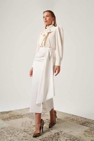 Mimya Ecru Satin Gathered Slit Skirt 4806