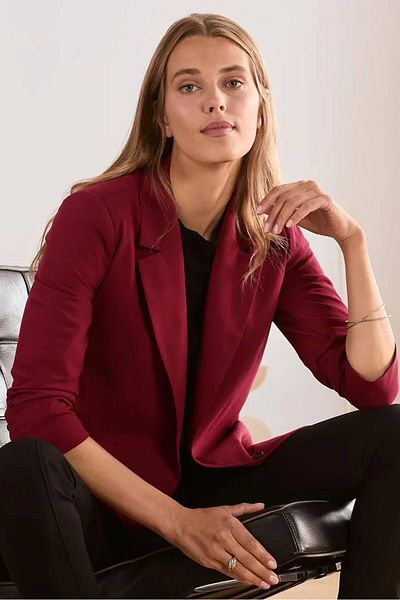 Tchibo Women Regular Fit Plain Casual Blazer, Maroon