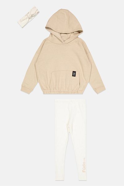 Fudo Kids Girl 3 Hooded Sweatshirt And Leggings Set, Beige