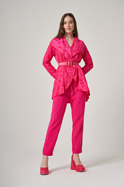 Mimya Fuşya Dökümlü Kemerli Jakar Ceket 6719