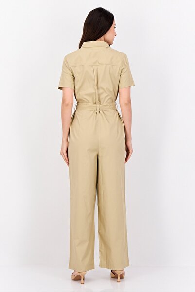 Esprit Women Solid Short Sleeves Belted Jumpsuit, Khaki