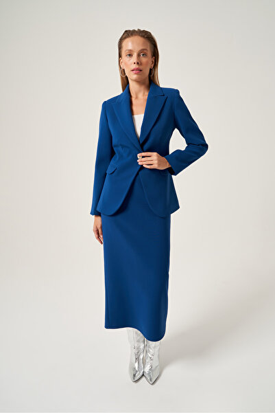 Mimya Mavi Krep Vatkalı Fularlı Blazer Ceket 6824